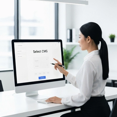 Professional selecting a CMS platform on a computer screen