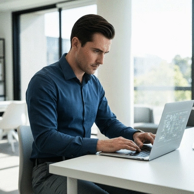 Professional working on a secure laptop in a bright Canberra office