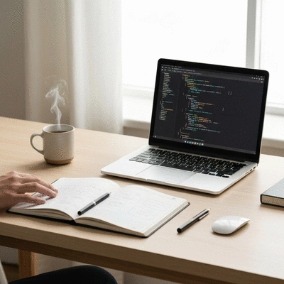 Professional web developer workspace with laptop and code