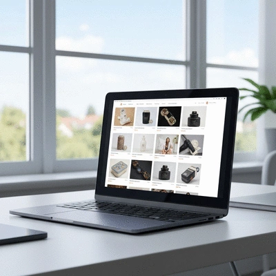 Modern professional laptop displaying a clean e-commerce store interface