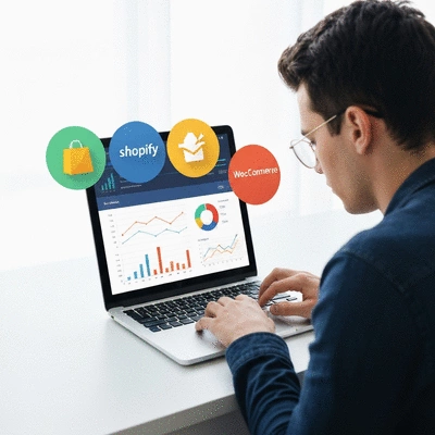 Person using a laptop to compare e-commerce platforms, with icons representing Shopify and WooCommerce on the screen, clean image, no text