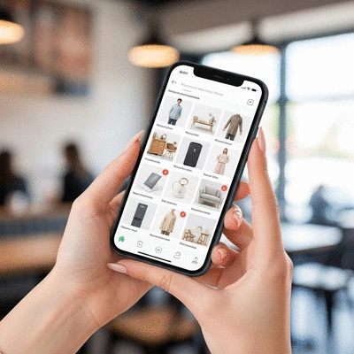Person using a smartphone to navigate a mobile-responsive online store in a bright cafe setting