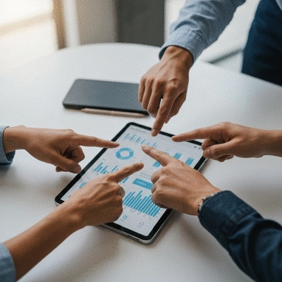 Multiple hands pointing at a tablet screen displaying web analytics and charts