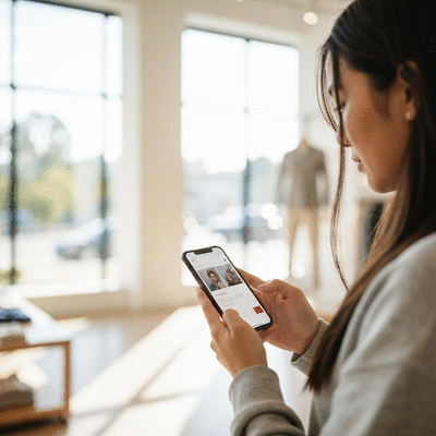 Person using a smartphone to shop online in a modern retail store