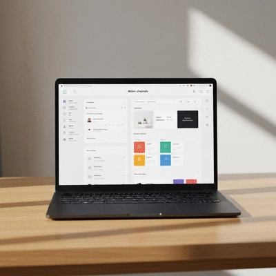 Modern laptop showing a clean WordPress dashboard on a wooden desk