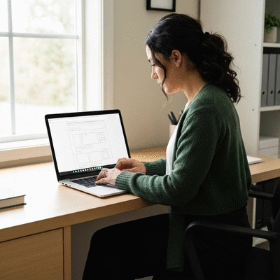 Professional web designer working on a modern laptop showing a website layout