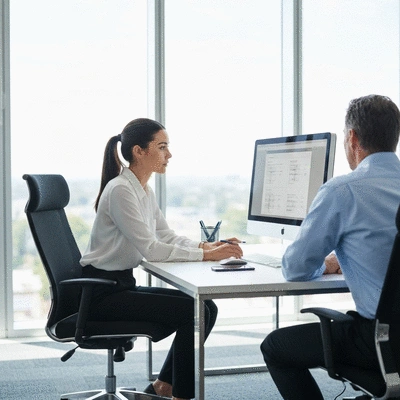 Professional web designer discussing website layout on a screen with a client in a bright office