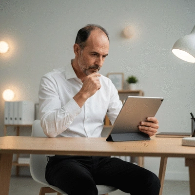 Small business owner reviewing web design options on a tablet, with a coffee and notepad nearby, clean and professional setting