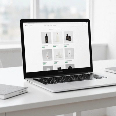 Modern professional laptop displaying a clean ecommerce interface on a bright desk
