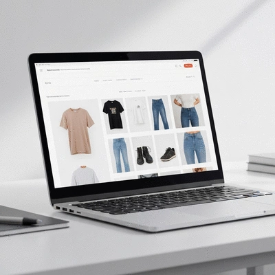 Modern professional workspace with a laptop showing a clean ecommerce website interface