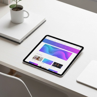 Clean workspace with a tablet showing a responsive website layout