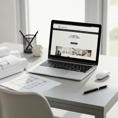 Modern workspace with laptop and blueprints for trade business