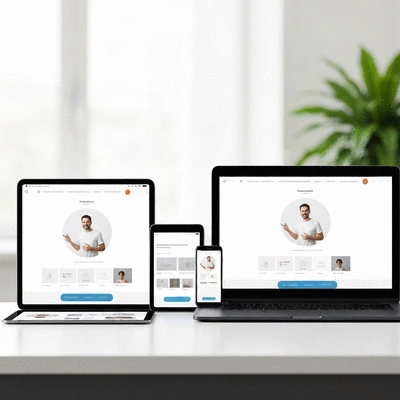 Clean modern website design displayed across a laptop, tablet, and smartphone on a wooden desk