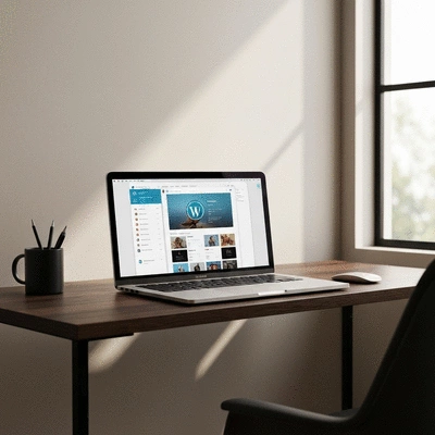 Modern workspace with laptop showing WordPress dashboard