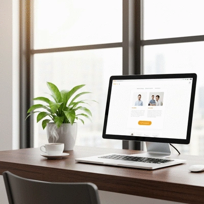 Modern office workspace with a laptop displaying a web design interface, a coffee cup, and a plant, suggesting professional and affordable web design services. no text, no words, no typography, no labels, clean image