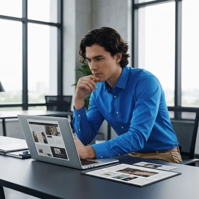 Modern office setting with a person reviewing web design mockups on a laptop