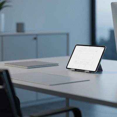 Modern office desk with tablet showing website design layout