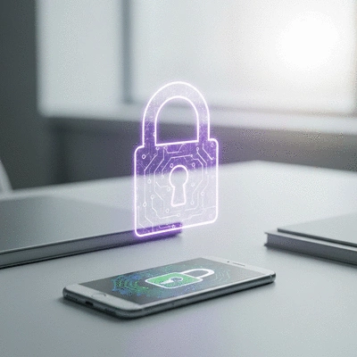 Digital security concept with a glowing padlock icon on a clean office background