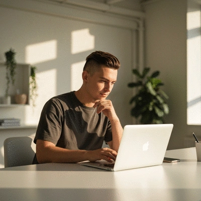 Modern professional web designer working on a laptop in a bright office