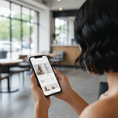 Person using a smartphone to browse a mobile-friendly retail store website while sitting in a modern cafe