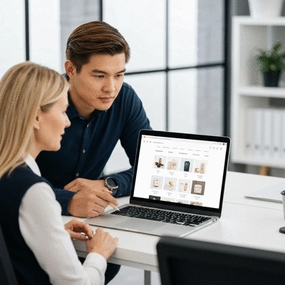 Web designer collaborating with client in a modern office, showing a laptop with an eCommerce website, professional photo, no text, no words, no typography, clean image