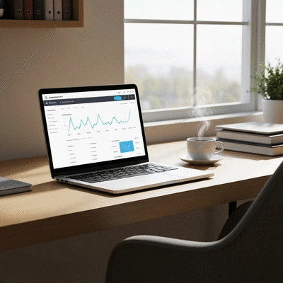 Modern home office setup with a laptop showing a clean ecommerce dashboard and a coffee cup on a wooden desk