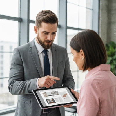 Tradesperson discussing website design on a digital tablet with a client, no text, no words, no typography, clean image